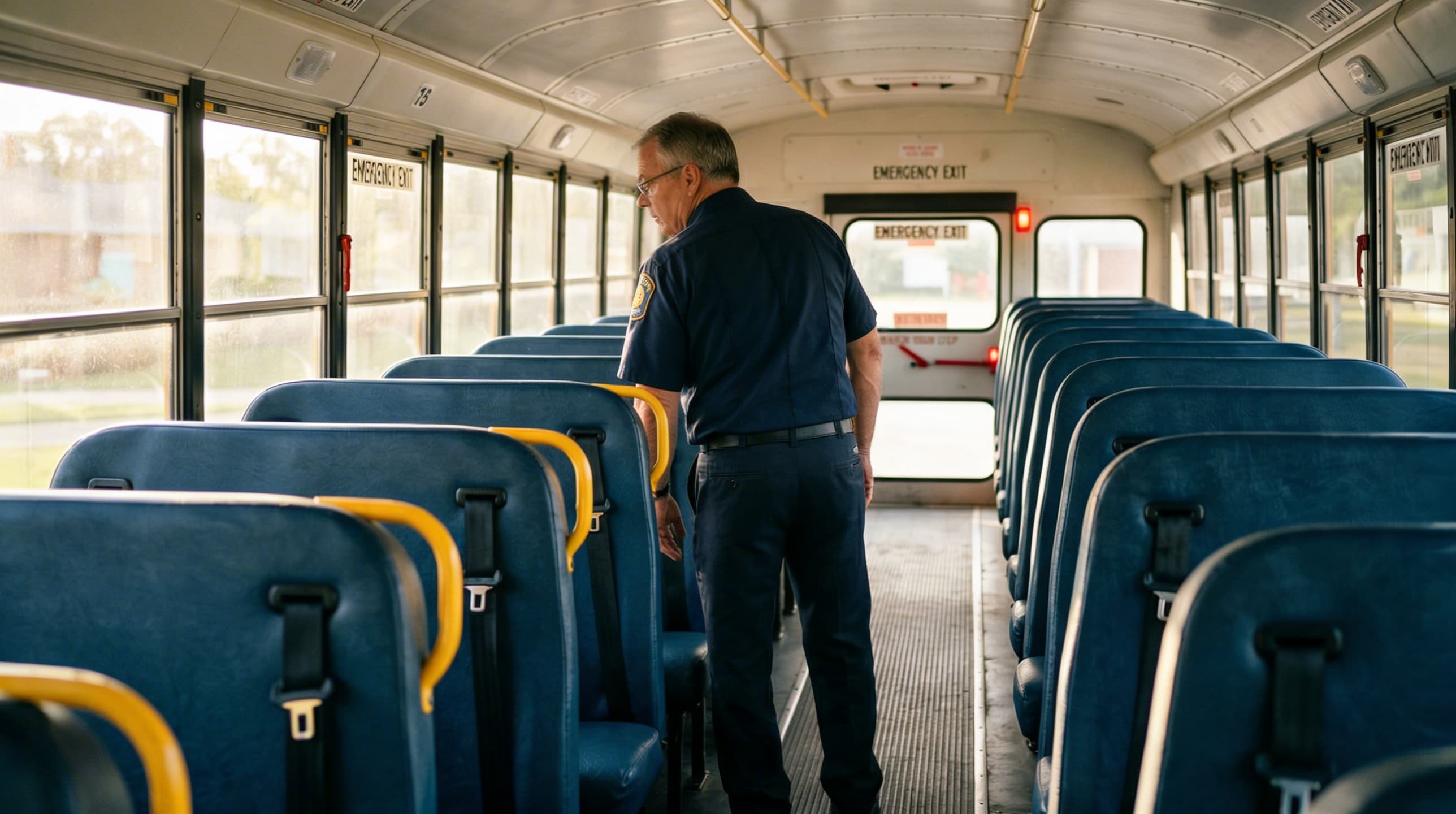 A school bus driver checking to ensure no children are left behind